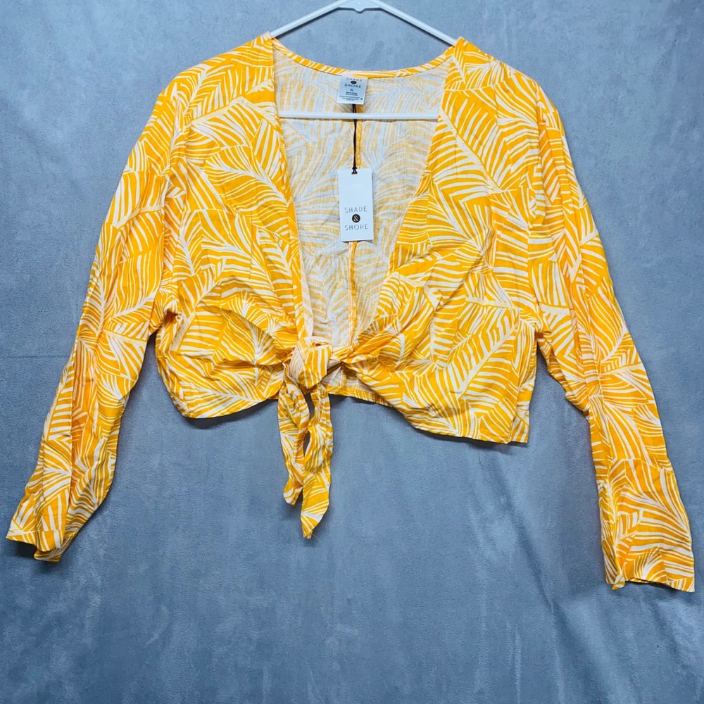 Shade & Shore Yellow Palm Leaf Print Tie Front Cropped Long Sleeve Blouse XL